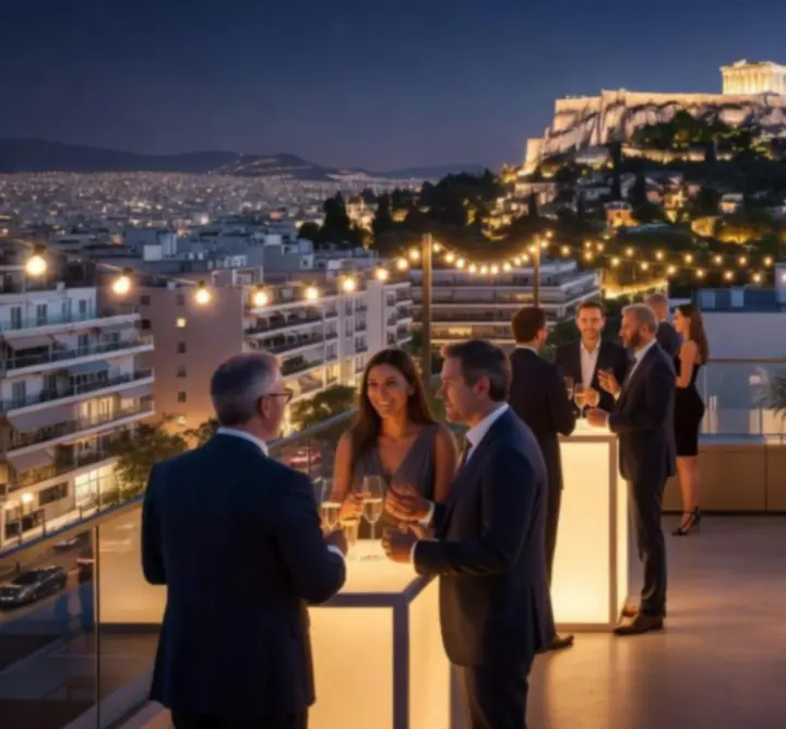 Νυχτερινή skyline άποψη της Αθήνας με φωτισμένα venues και event ατμόσφαιρα