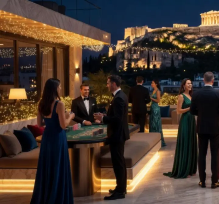 Premium θεματική βραδιά καζίνο στην Αθήνα με φωτισμό και casino tables