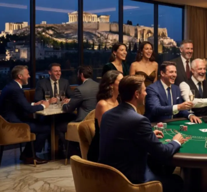 Group casino event με καλεσμένους γύρω από τραπέζια ρουλέτας και blackjack