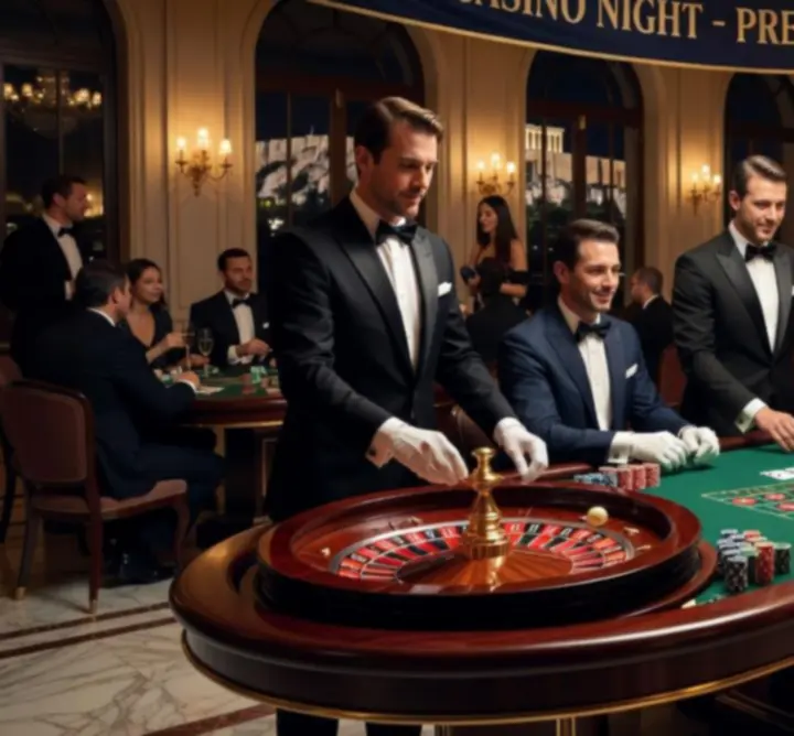 Κλασικό τραπέζι καζίνο με ρουλέτα και chips σε θεματικό event