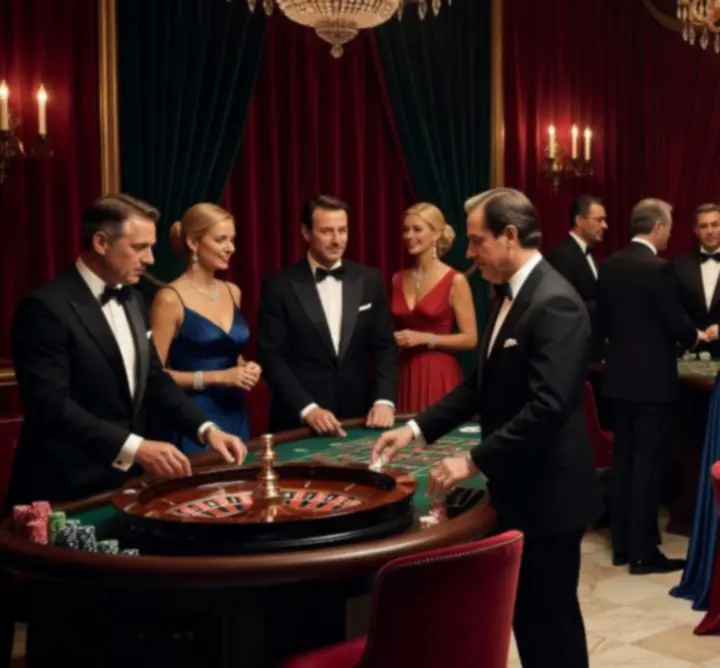 Monte Carlo θεματική βραδιά με elegant casino tables και πολυτελή διακόσμηση